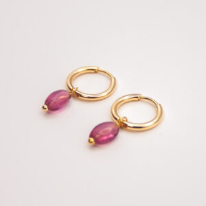 RVS hoop oorbellen met roze glassteen bedel – 14 mm